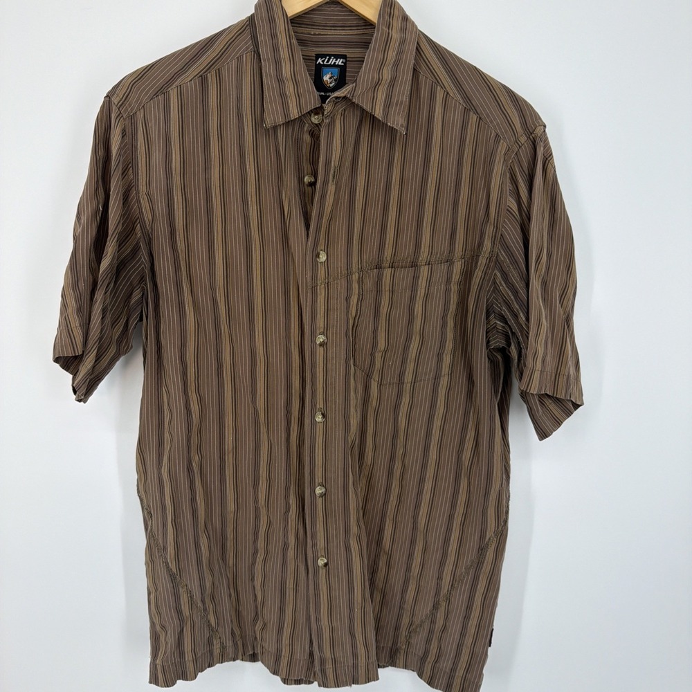 Kuhl Brown Striped Short Sleeve M Button Up Camp Shirt Outdoor Hiking Gorpcore - Picture 2 of 8